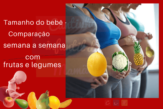 crescimento do bebe na barriga, comparação do tamanho em relação a frutas e legumes